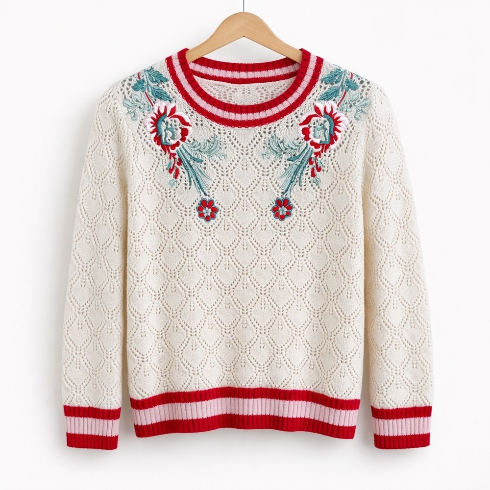 Maje Embroidered Knit Sweater Cream Red Floral Parisian Chic Pointelle Small